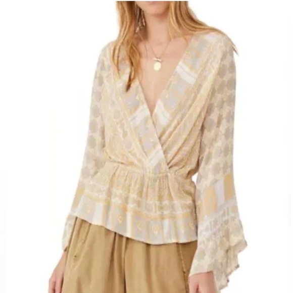 Free People Rosalie Wrap Top. Womens Size S. Bell Sleeves Bohemian Cream/Yellow - Picture 2 of 11
